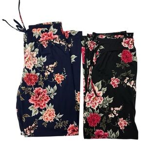Two Pairs Women's Comfy Stretch Floral Print Drawstring Wide Leg Pants Size M